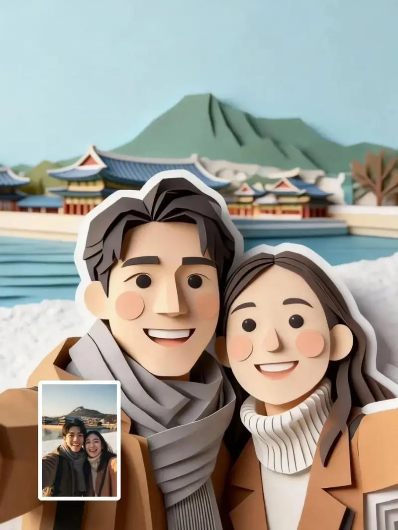 Preview of Cute Paper-Cut Style Couple Selfie Illustration