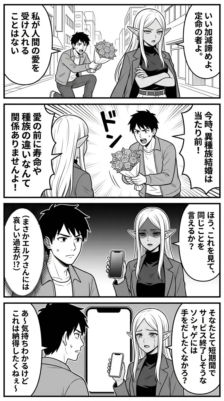 Preview of Nano Banana Comic Prompt: Elf and Human Love Comedy