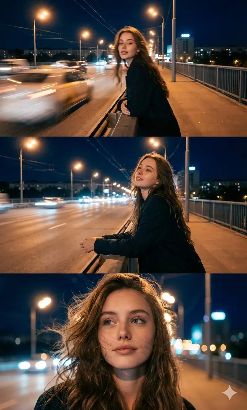 Preview of Cinematic Triptych Portrait in a Night City Setting