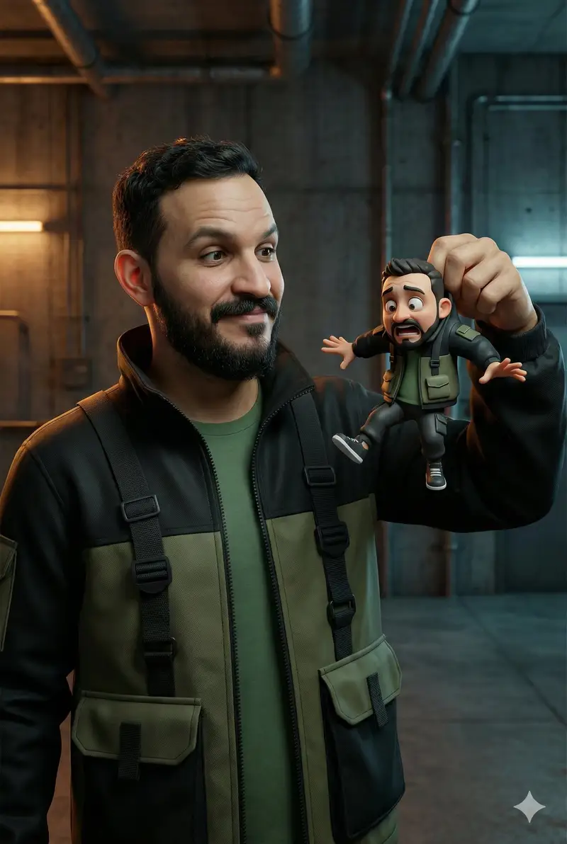 Preview of Ultra-Realistic Man Holding Cartoon Miniature of Self