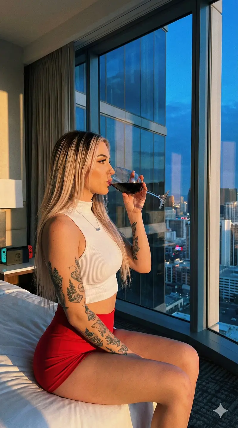 پیش‌نمایش Candid Medium Shot of Woman Sipping Wine in Vegas Hotel