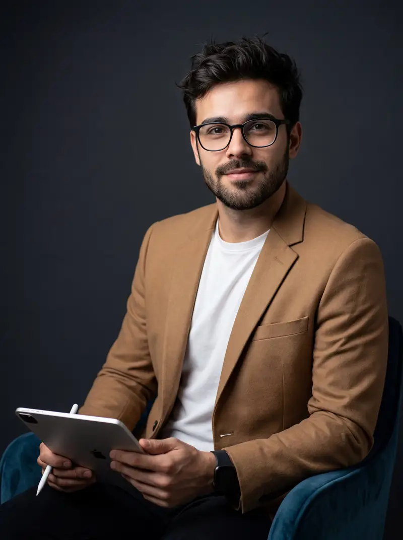 پیش‌نمایش پرتره حرفه‌ای خلاقانه روی صندلی سبزآبی