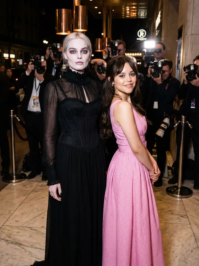 Preview of Red Carpet Juxtaposition Prompt: Margot Robbie as Wednesday and Jenna Ortega as Barbie