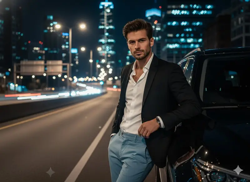 Preview of Cinematic Night Urban Portrait with Luxury SUV