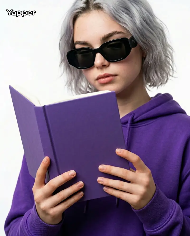 Preview of Editorial Close-Up with Purple Hoodie and Book Prompt