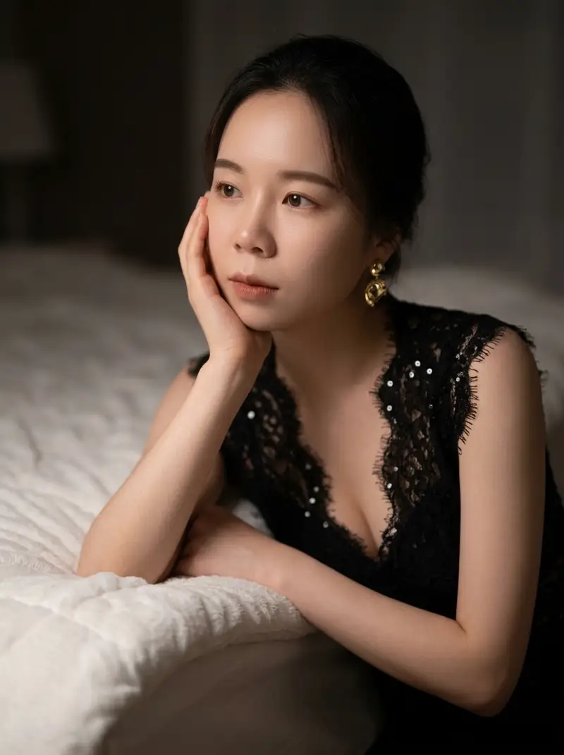 Preview of Moody East Asian Fashion Portrait in Bedroom