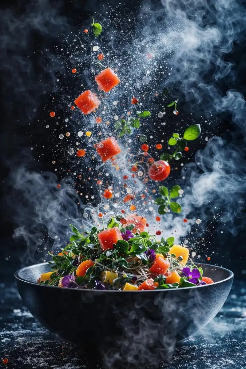 Preview of Hyper-Realistic Salad Explosion Food Photography Prompt