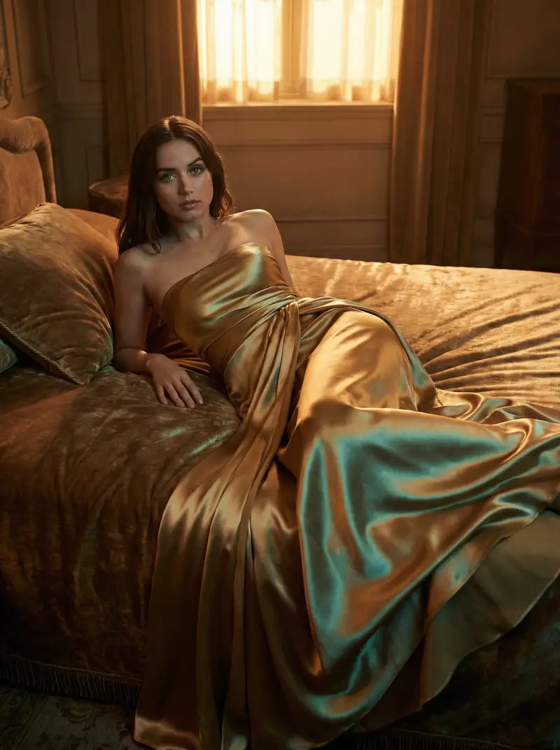 Preview of JSON Prompt for Cinematic Still of Ana de Armas in a Golden Nightgown