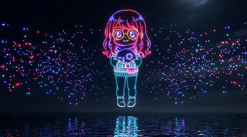 Preview of Drone Art Character Projection over Night Sea