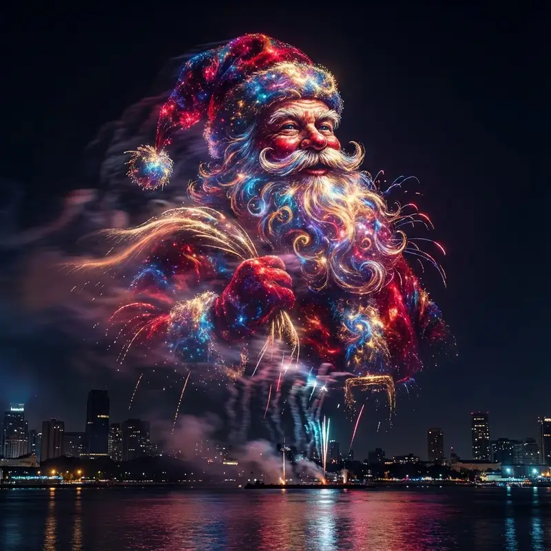 Preview of Santa Claus Fireworks over City Skyline