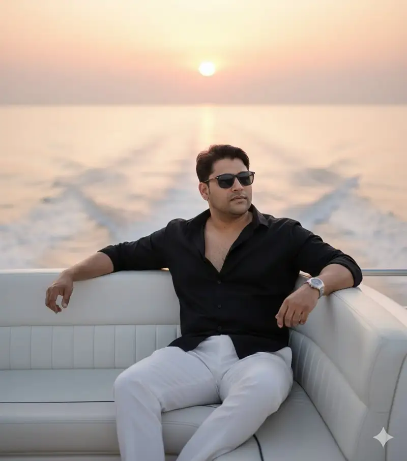 Preview of Ultra-realistic cinematic portrait on a luxury yacht at sunset