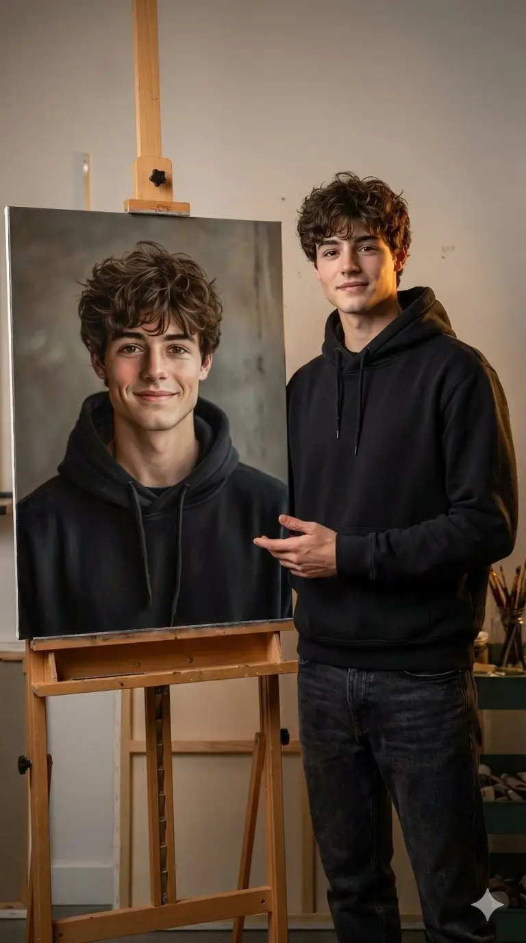 Preview of Hyper-realistic portrait with a painting of the subject