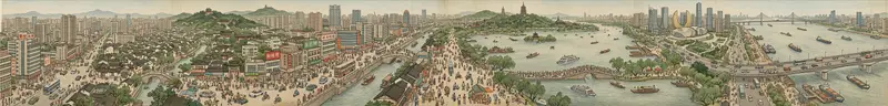 Preview of Panoramic Cityscape in Qingming Festival Scroll Style (8:1 Aspect Ratio)