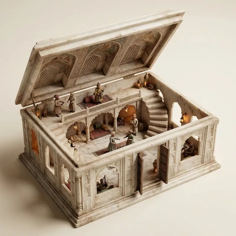 پیش‌نمایش Ornate Box Diorama Master Prompt (Mughal Hall Interior)