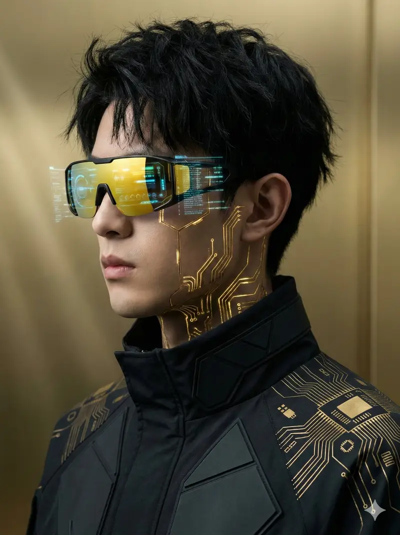 Preview of Futuristic Cyberpunk Portrait with Golden Circuitry