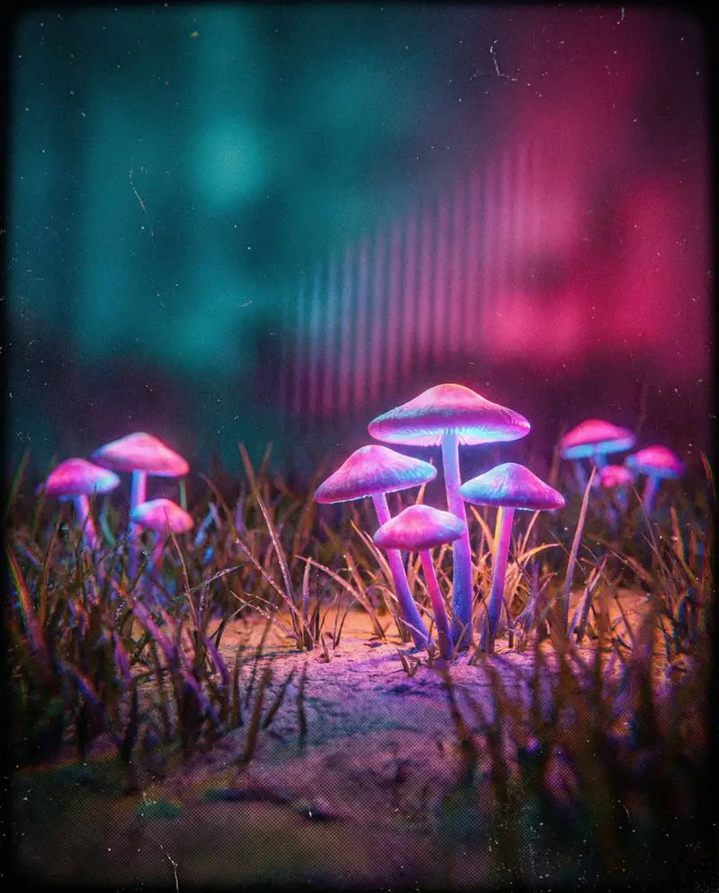 Preview of Bioluminescent Mushroom Cluster in Retro Sci-Fi Style