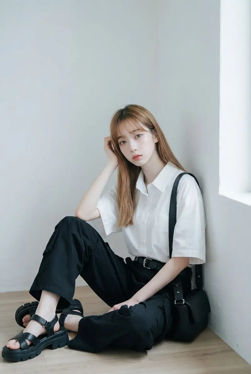 Preview of AI Fashion Prompt: Monochromatic Minimalist Utilitarian Style