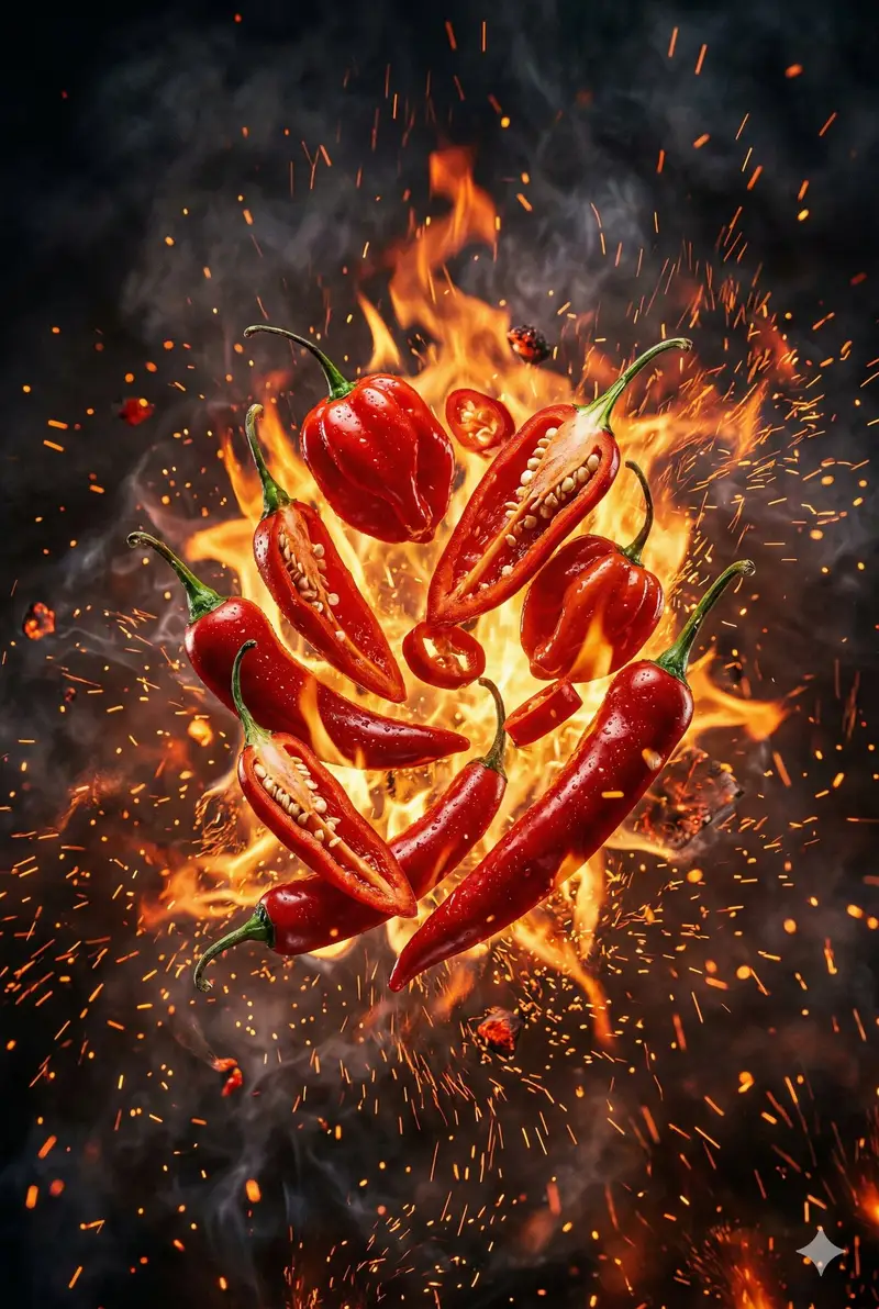 Preview of Explosive Chili Peppers Food Photography Prompt for Nano Banana 2
