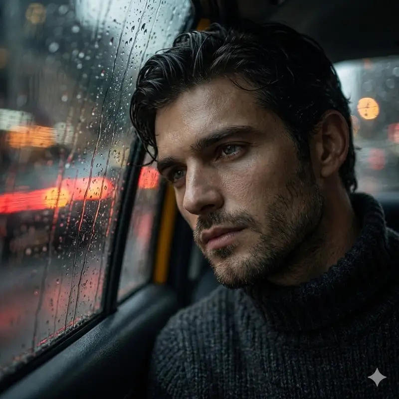 Preview of Cinematic Close-up in a Rainy Taxi