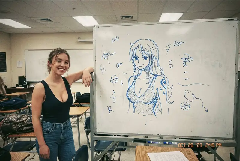 Preview of Candid Smartphone Photo: Celebrity with Whiteboard Sketch