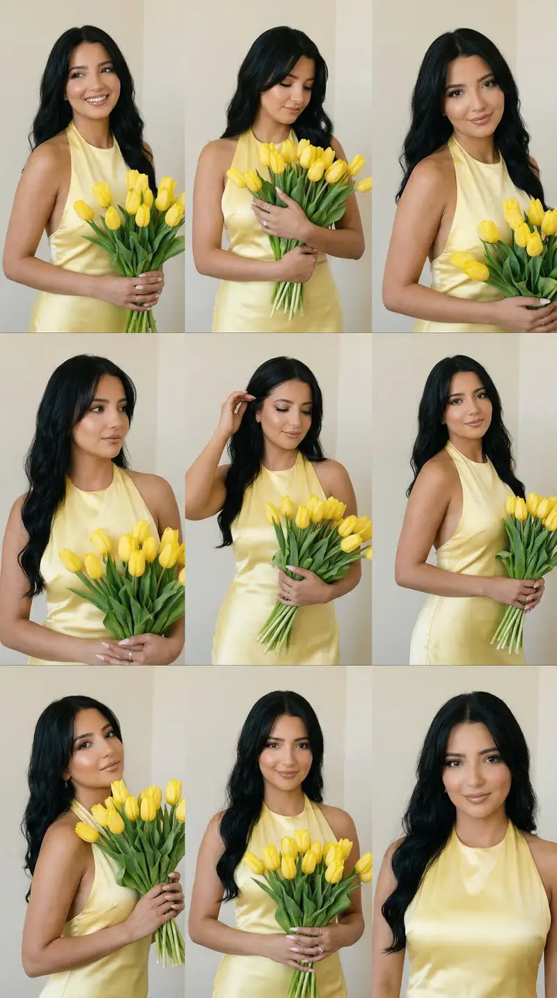 Preview of 9-Panel Editorial Grid Prompt for Yellow Satin Halter Dress