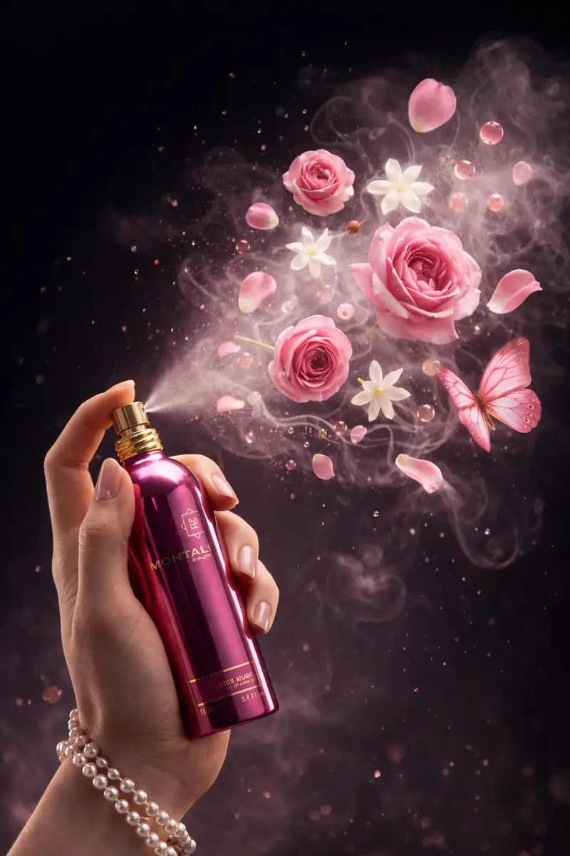 پیش‌نمایش Luxury Product Photography of Perfume Bottle with Floating Flowers