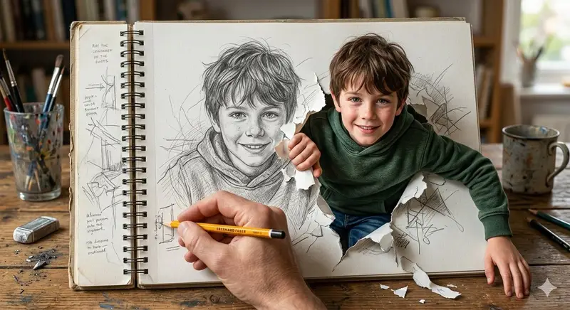 Preview of Cinematic 3D Illustration of a Boy Emerging from a Sketchbook