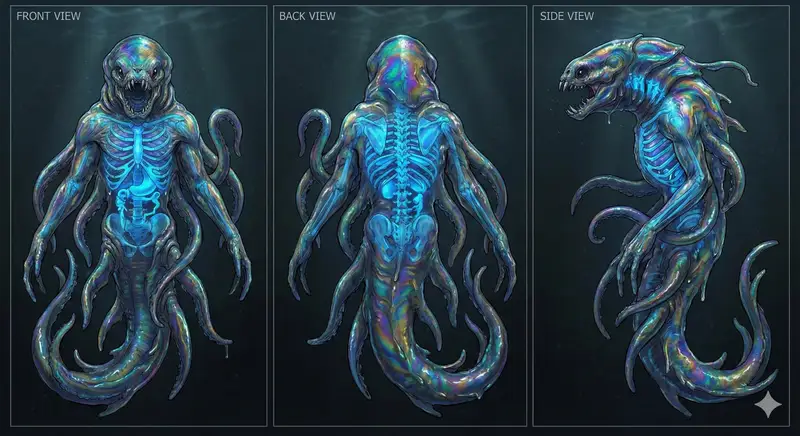 Preview of Character Sheet for Deep-Sea Creature with Bioluminescent Skeleton