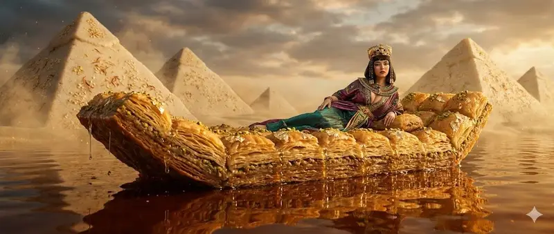 Preview of Sydney Sweeney as Cleopatra on a Baklava Barge Food Art Fantasy