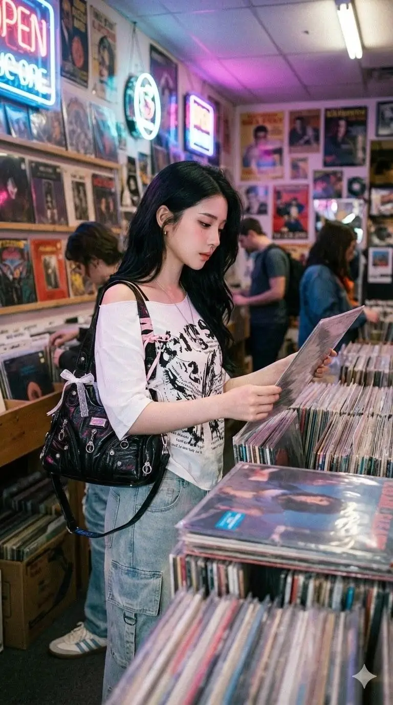 پیش‌نمایش Y2K Coquette Streetwear in a Vintage Record Store