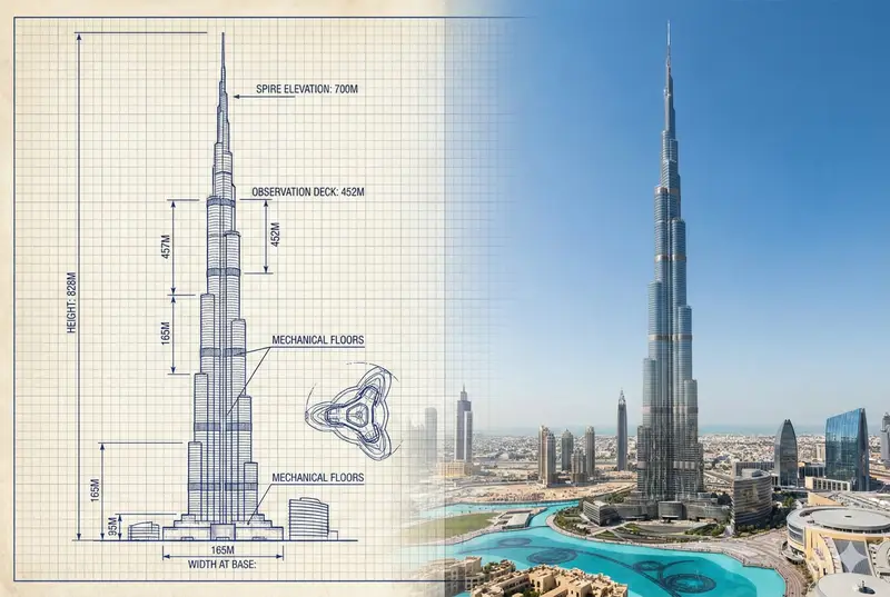 Preview of Burj Khalifa Technical Sketch and Real Photo Comparison