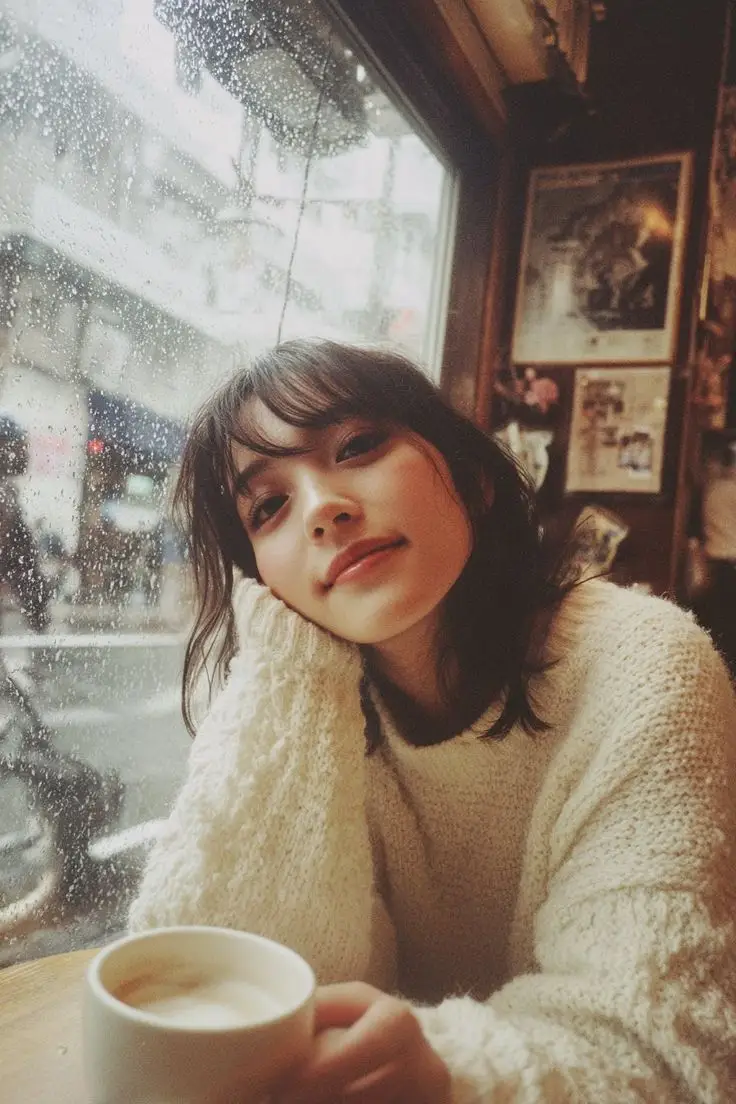 پیش‌نمایش Cozy Rainy Day Café Portrait (Film Aesthetic)