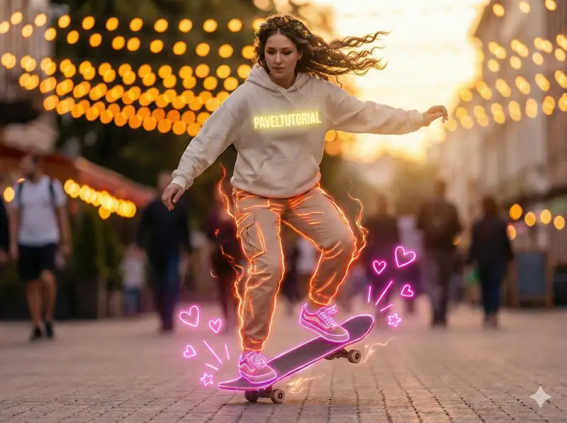 Preview of Neon-Outlined Skateboarder Action Shot