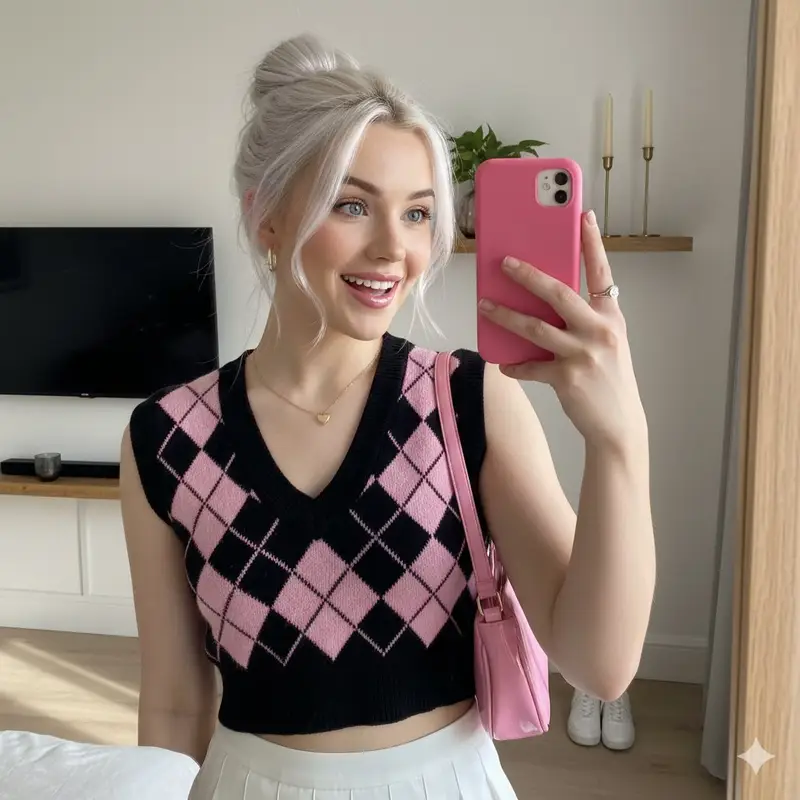 Preview of Cute Blonde Girl Mirror Selfie in Argyle Vest