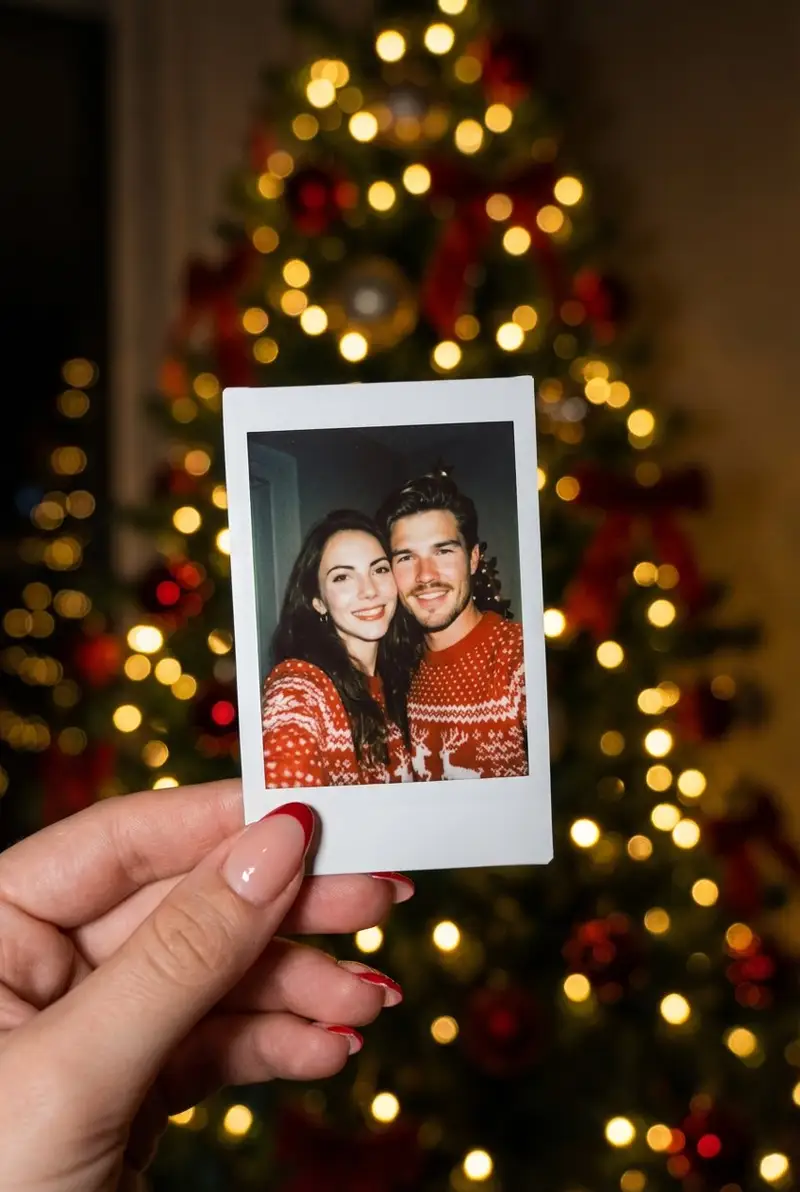 Preview of Photorealistic Polaroid Couple Selfie with Christmas Bokeh