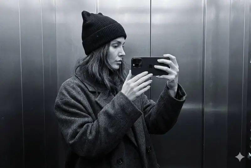 Preview of Monochrome Elevator Mirror Selfie with Cat-Ear Hat