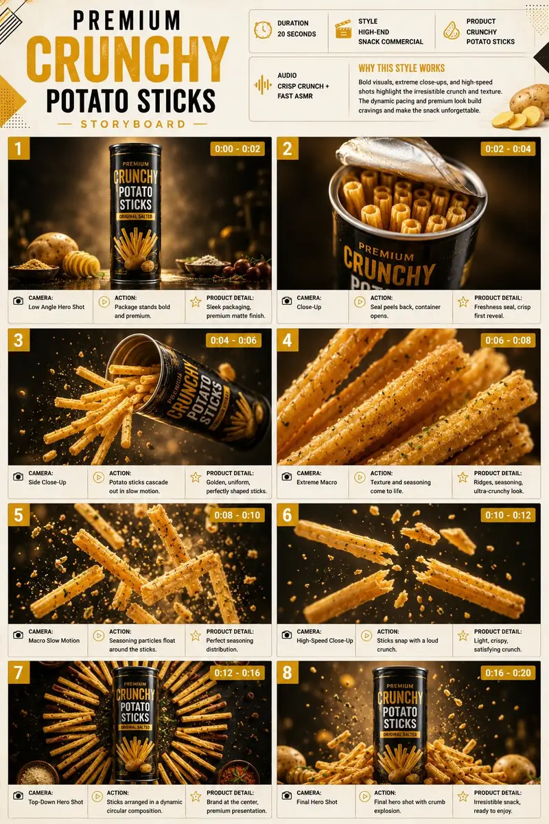 پیش‌نمایش Premium Snack Commercial Storyboard