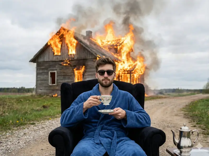 Preview of Documentary Photo of Man in Robe with Burning Farmhouse