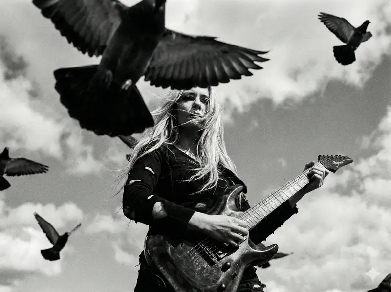 Preview of Cinematic Black and White Photo of Woman with Guitar and Pigeons