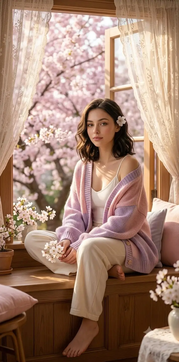 پیش‌نمایش پرتره بهاری با ژاکت کنار پنجره