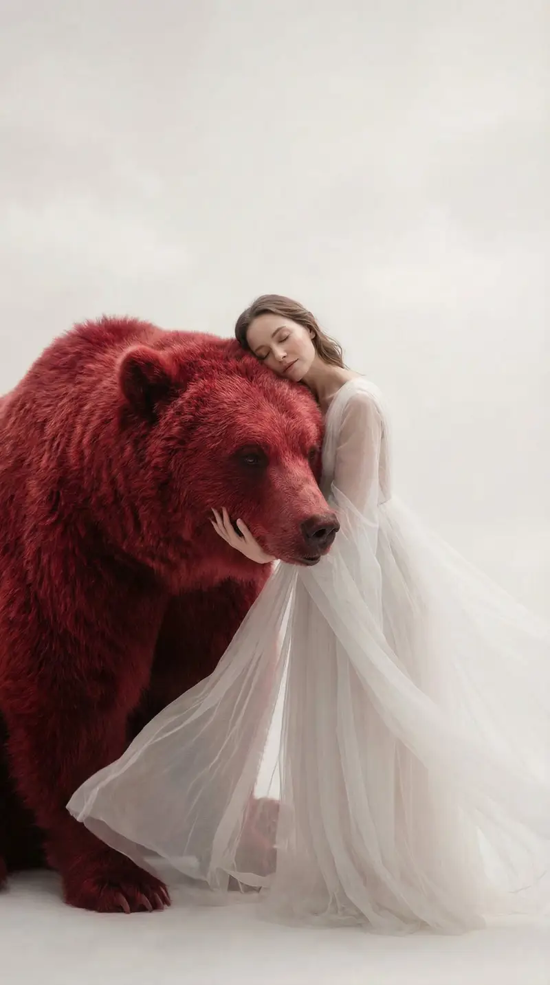 پیش‌نمایش Surreal Scene of Human Embracing Massive Red Bear Prompt