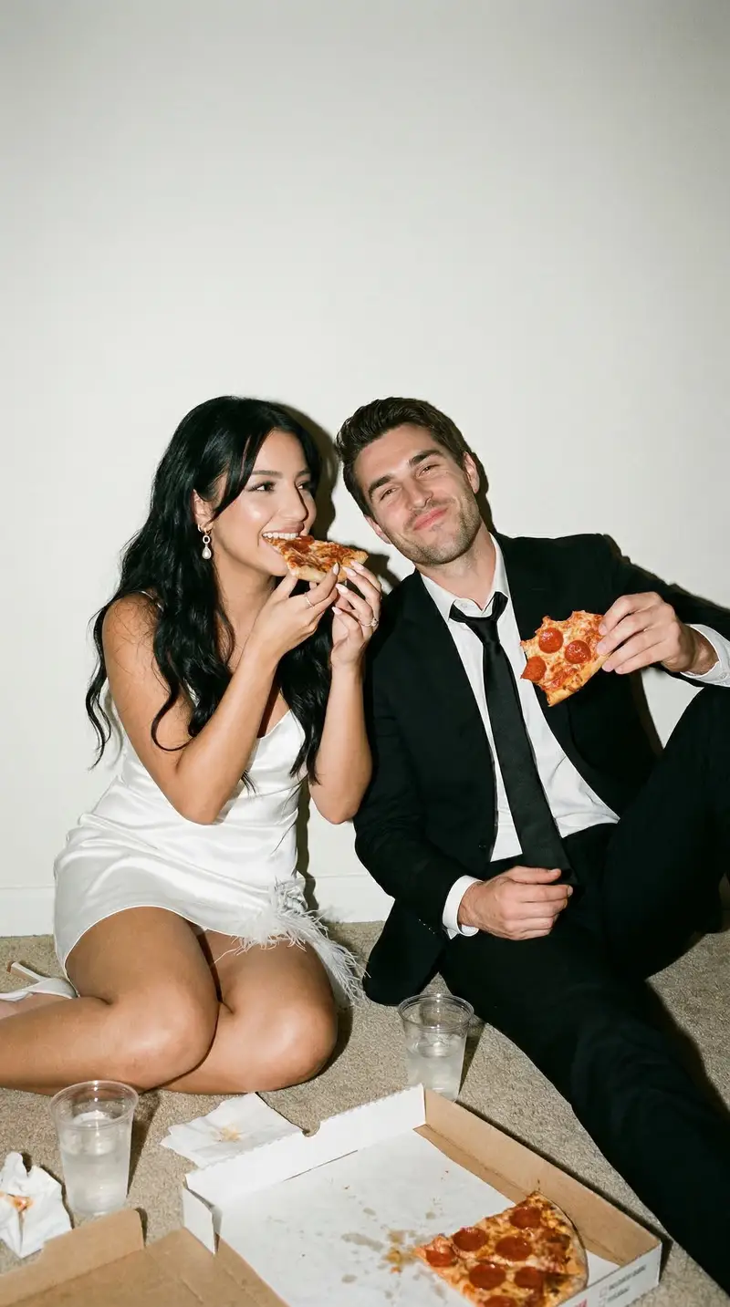Preview of Candid Wedding Afterparty Pizza Flash Editorial Prompt for Nano Banana 2