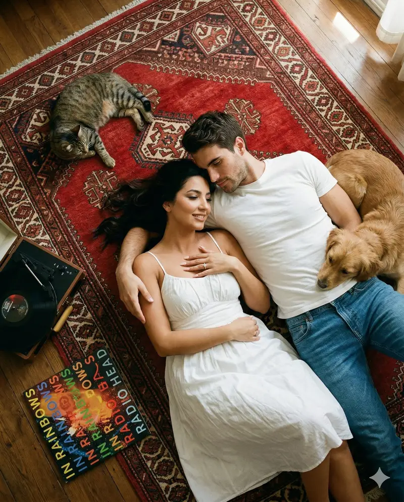 Preview of Top-Down Cinematic Couple Portrait on a Turkish Rug (Image-to-Image)
