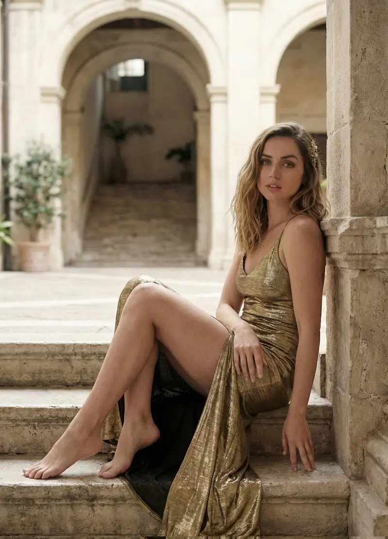 Preview of Ana de Armas Gold Gown Courtyard Portrait Prompt