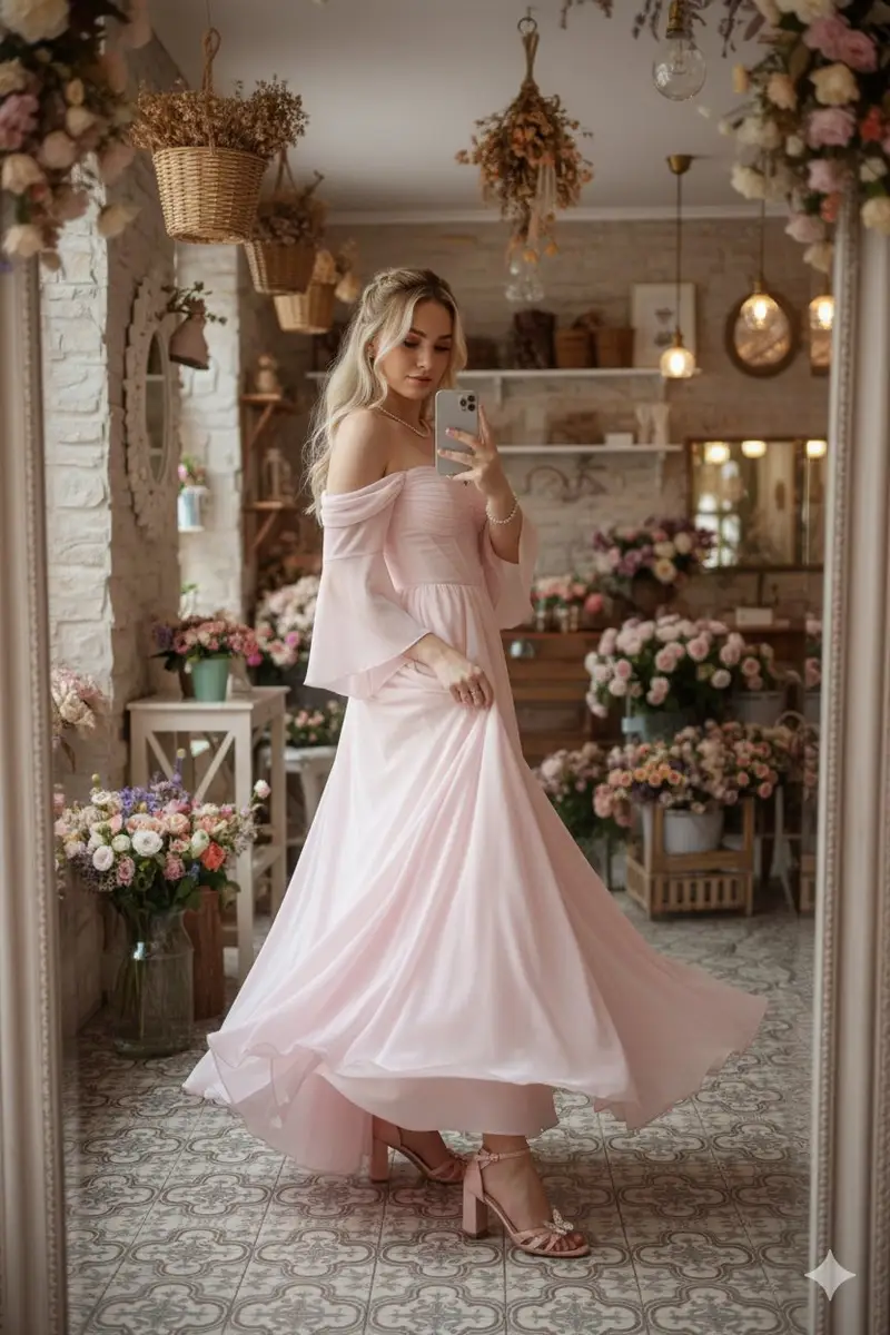 Preview of Fairy-Core Gown Mirror Selfie in a Floral Cafe