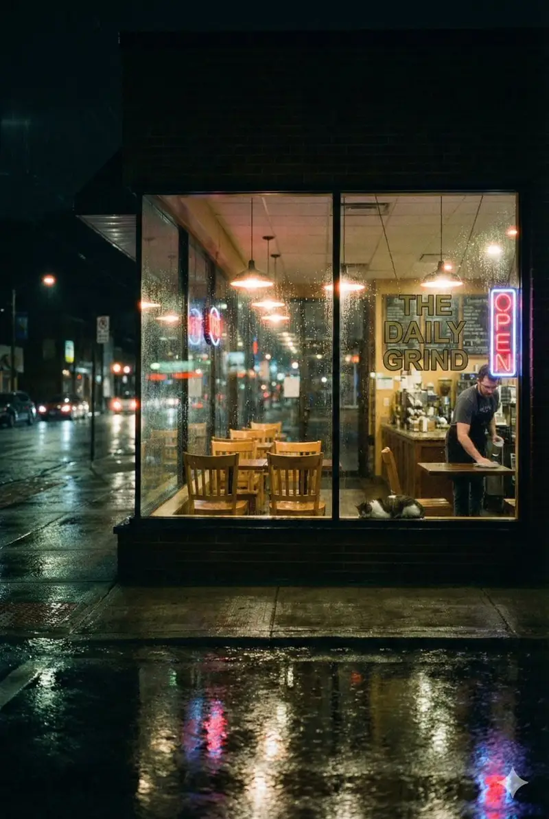پیش‌نمایش Cinematic Rainy Night Café Scene Prompt