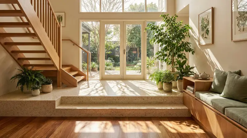 پیش‌نمایش Sun-Drenched Modern Entryway Architectural Photograph Prompt (Structured)