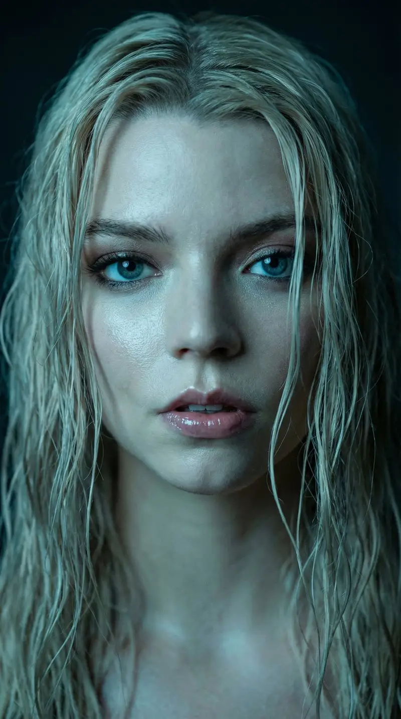 Preview of Hyper-realistic Macro Portrait of Anya Taylor-Joy with Wet Hair