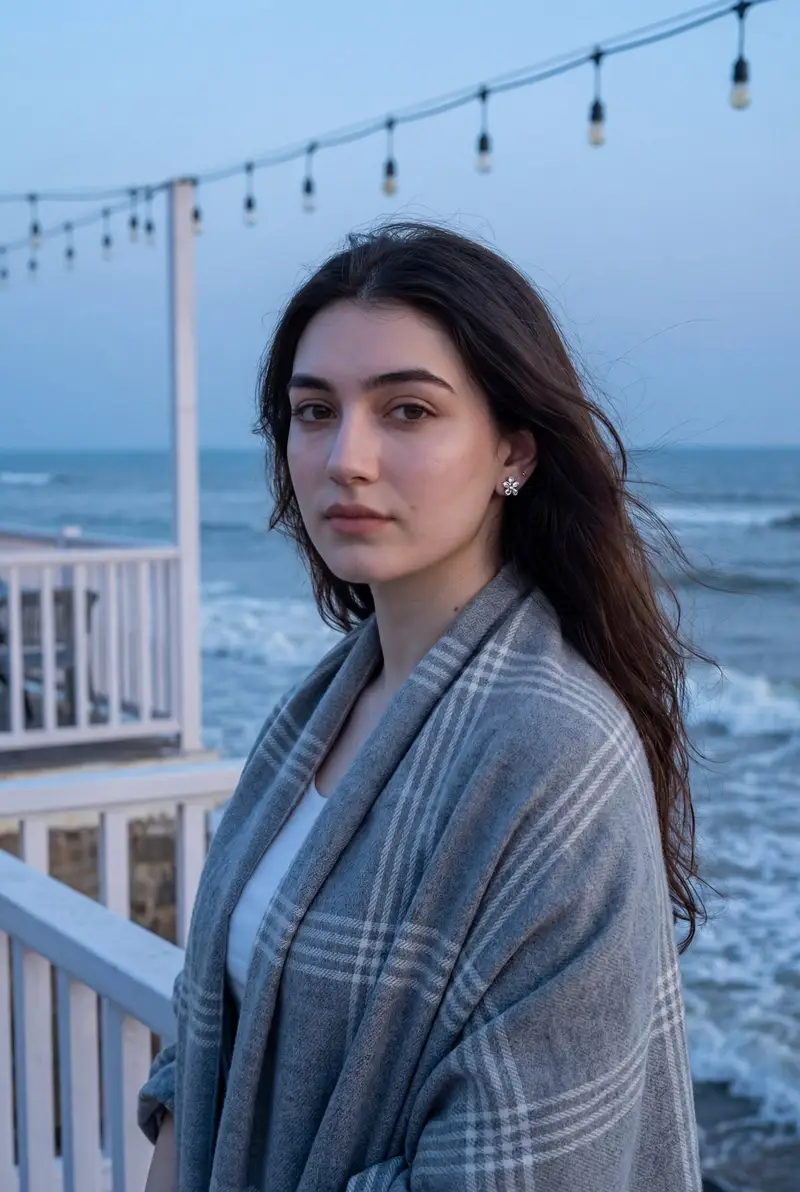 Preview of Photorealistic Portrait of a Woman on a Seaside Terrace at Blue Hour