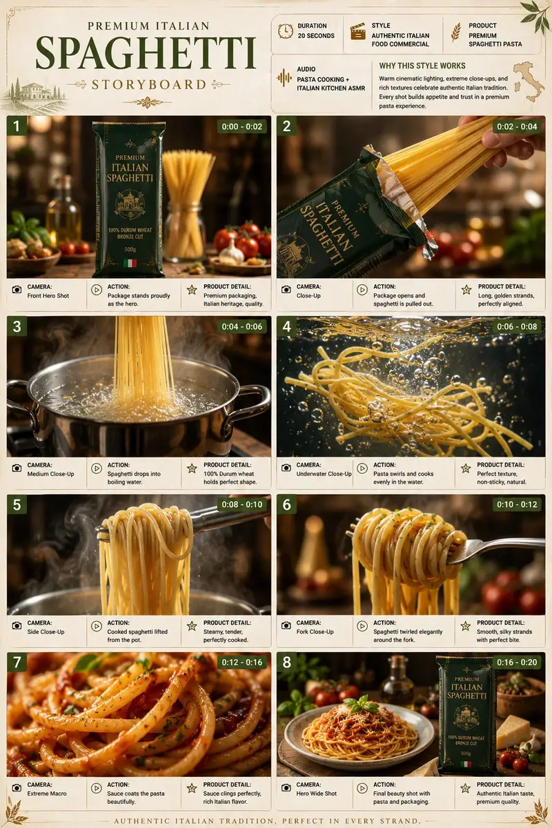 پیش‌نمایش Premium Italian Spaghetti Commercial Storyboard